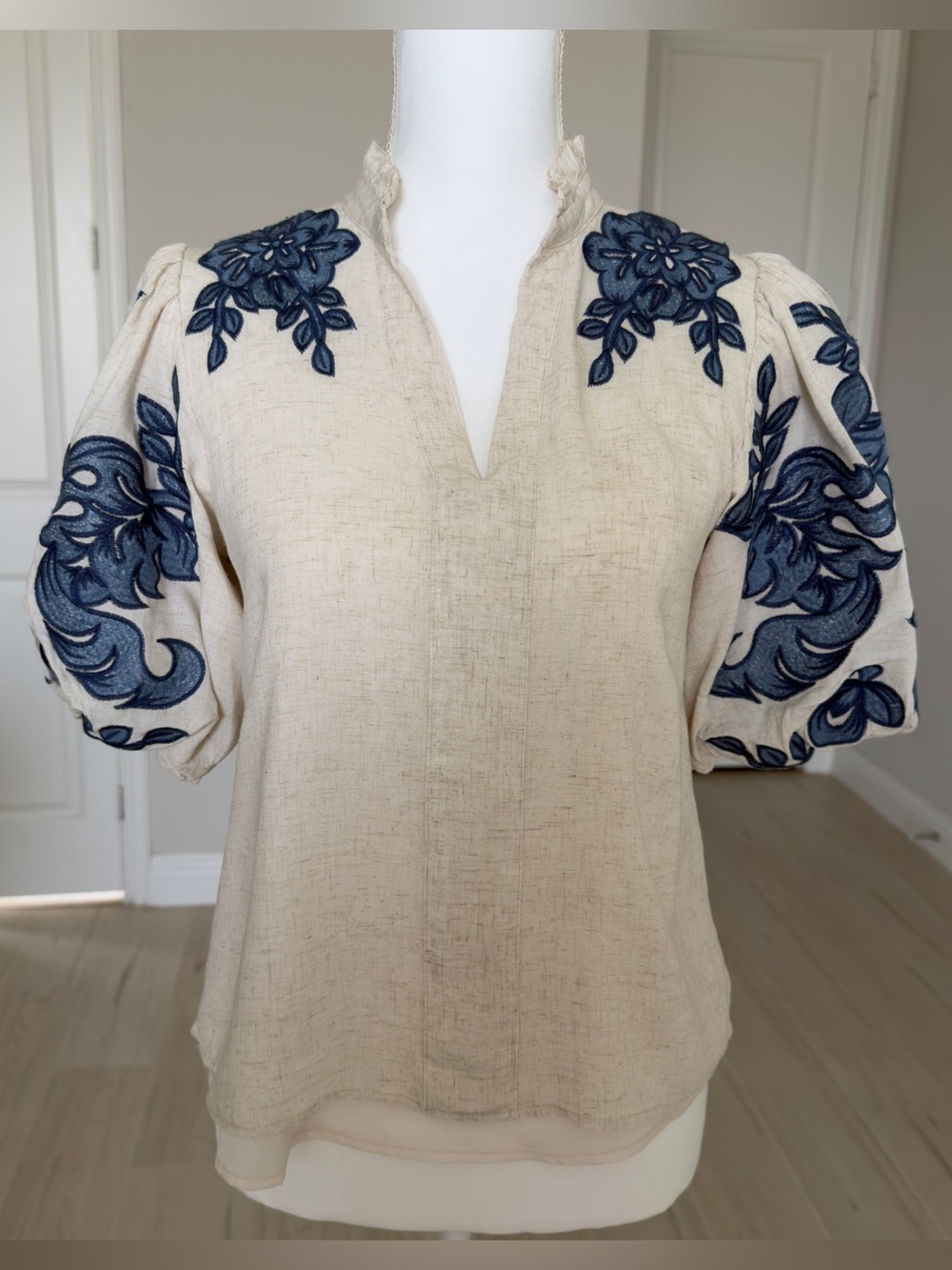 THML Cream Blouse with Navy Floral Embroidery